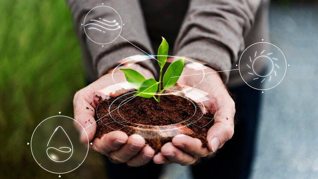 Advanced Microbial Technology Provide A New Age Solution For Revolutionizing Plant Growth 1 A person's hands cradle a small plant with a digital overlay showing icons for sun, water, and air, symbolizing how microbial technology supports all aspects of plant growth.