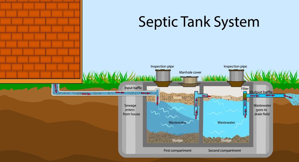 Best Septic Tank Treatments for Homeowners 1 Illustration of a septic tank system: sewage from house, two compartments, sludge, wastewater, drain field.