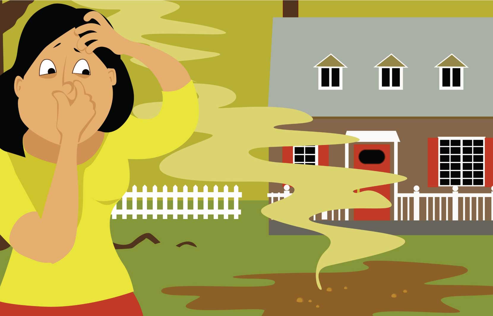 Chemical Cleaning Products are Destroying The Ecosystem and Your Septic Tank 1 Illustration of a woman pinching her nose as foul odor rises from ground near house, depicting septic tank issues from chemical cleaners.