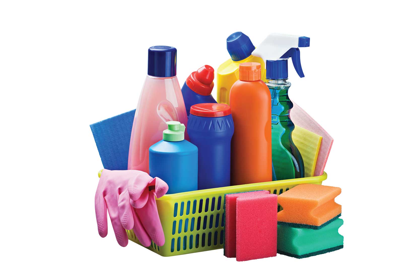 Colorful household cleaning products with gloves and sponges, highlighting harmful chemicals in daily cleaners.