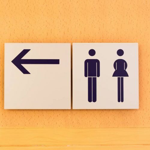 Shifting Gears From Infrastructure Building To Sustainability 1 A sign with a left arrow pointing towards male and female gender symbols, indicating restrooms and promoting sustainable sanitation.