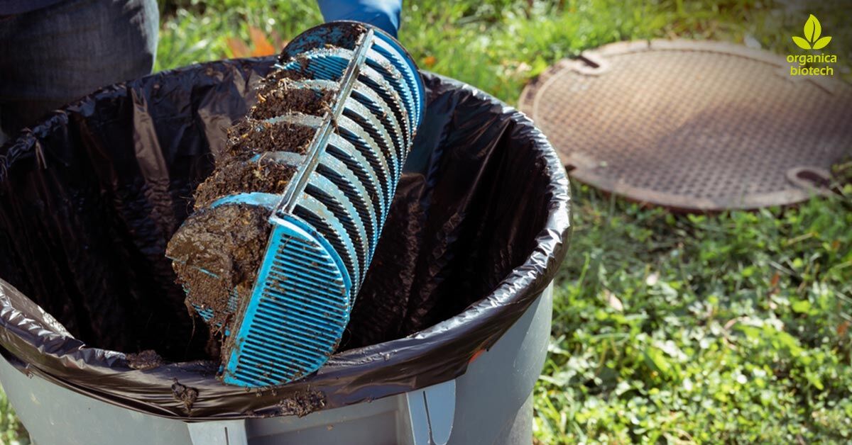 How Often Should You Add Bacteria to Septic Tank? 1 A person holding a clogged septic tank filter over a trash can indicating adding bacteria for maintenance.