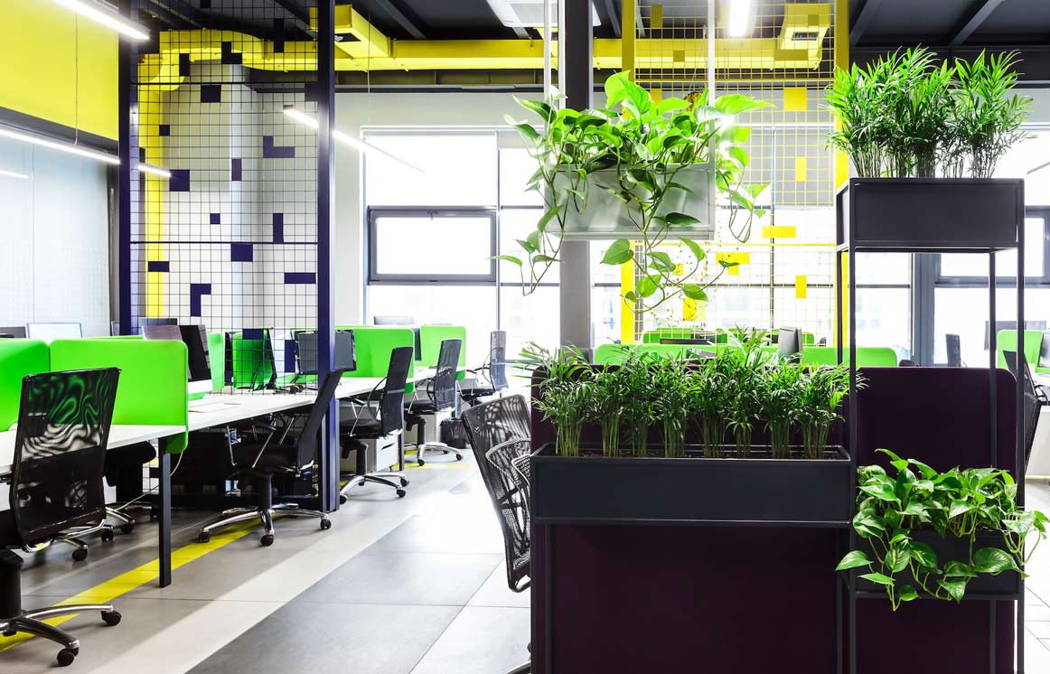 The OB Care Mantra For Sustainability In The Workplace 1 A modern office space with green partitions, plants, and natural light, embodying sustainability in the workplace.