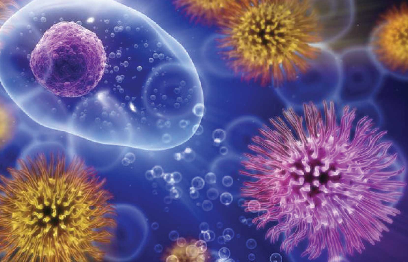 A vibrant microscopic illustration showing various microbes and a large purple cell, surrounded by tiny bubbles.