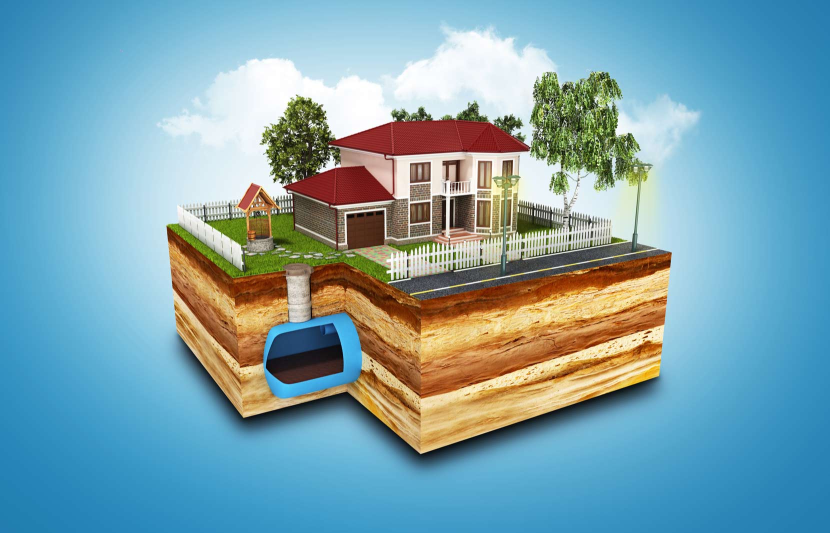 Illustration of a house with a septic tank underground, showing soil layers and a well in the yard.