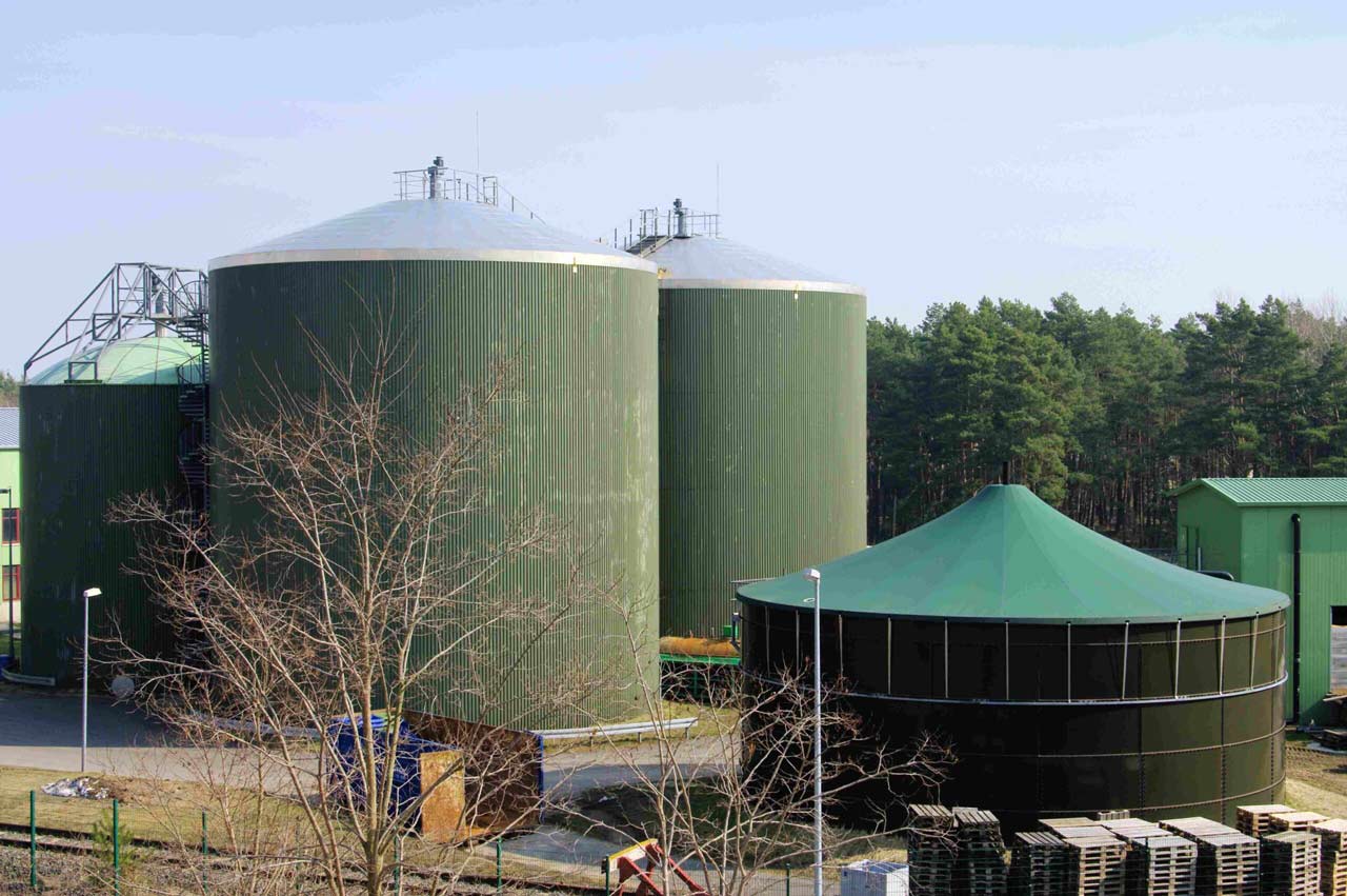 Green anaerobic digesters at a wastewater treatment plant, processing organic waste.