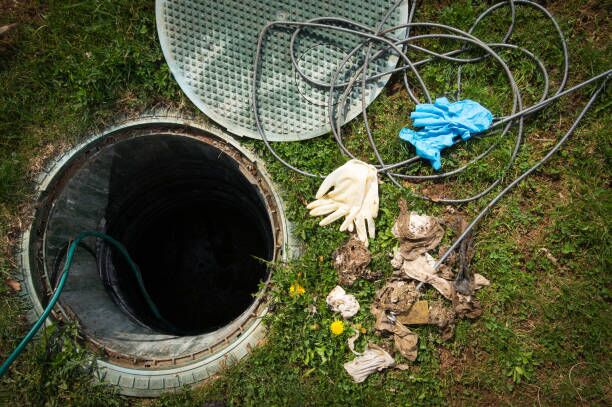 Your Guide To Successful Septic Tank Maintenance 1 Overhead view of an open septic tank manhole with tools, gloves, and debris around it, indicating maintenance.