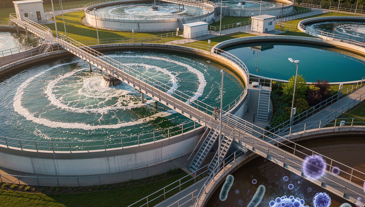Biological Wastewater Treatment 1 Aerial view of a modern biological wastewater treatment plant showing circular aeration tanks with active bubbling, settling clarifiers with treated water, and surrounding green vegetation at golden hour
