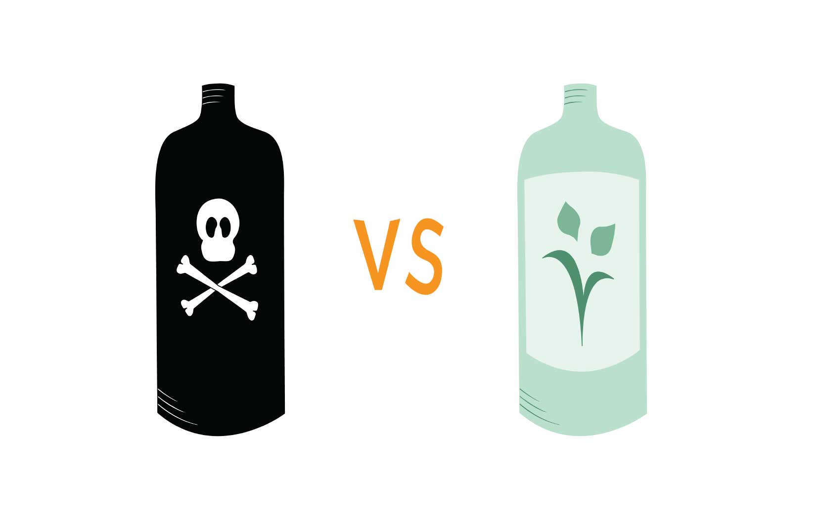 Illustration comparing a black bottle with skull and crossbones (toxic) versus a light green bottle with a leaf symbol (eco-friendly), representing safe cleaning.