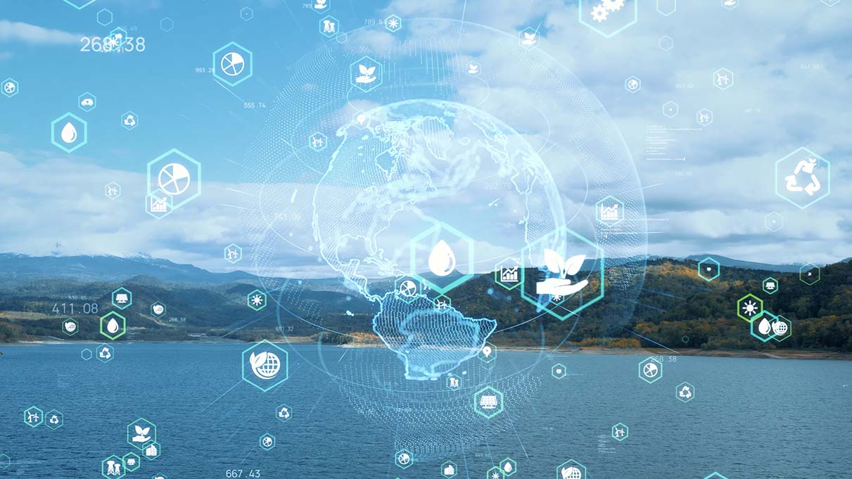 Reviving Our Lakes: A Step Towards a Healthier Future 1 A digital representation of environmental sustainability over a scenic lake, symbolizing water conservation efforts.