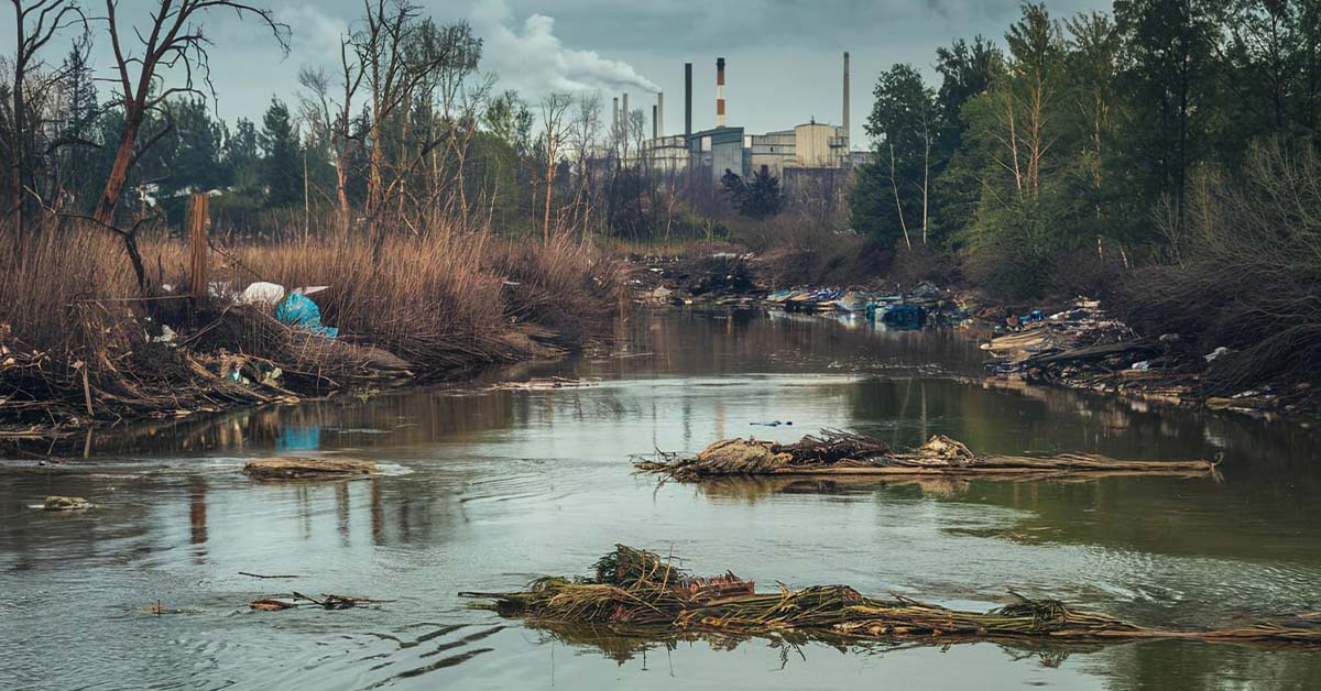 Dye-ing to Clean: Biotech Solutions for Industrial Wastewater Pollution 1 Polluted river with industrial waste and debris near factory, showing effects of wastewater pollution.