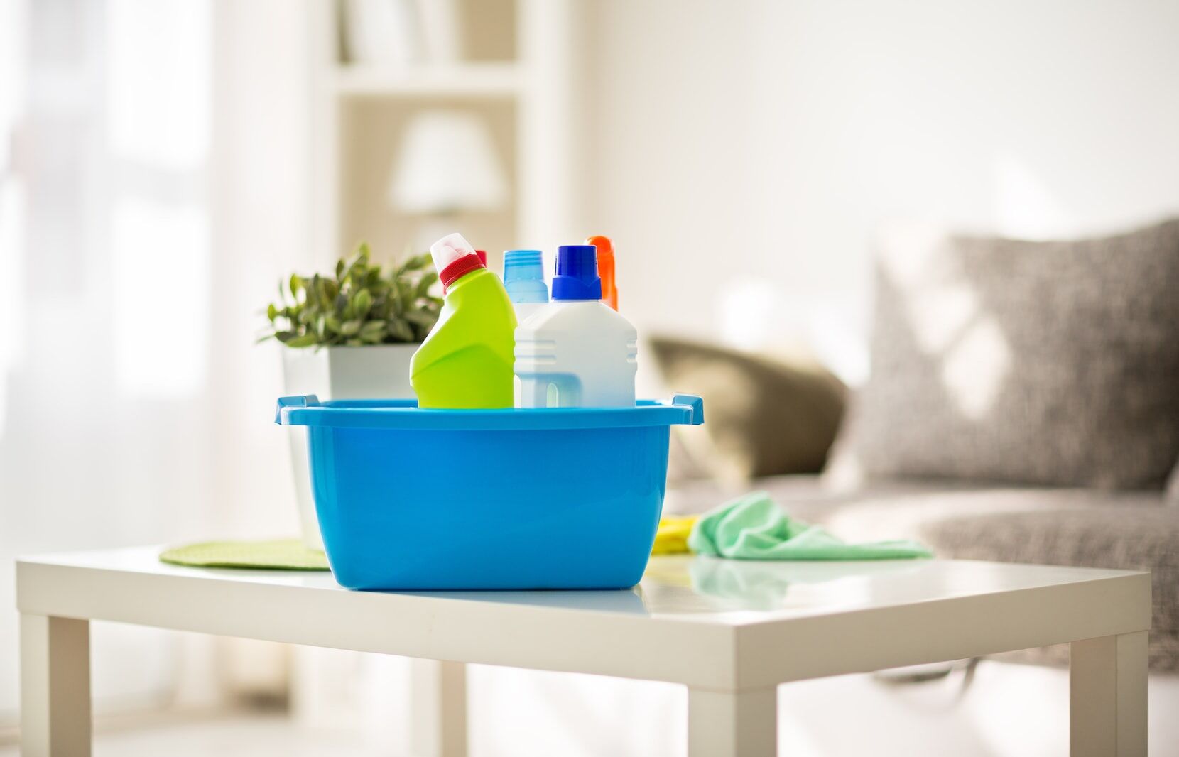 Sustainability Starts At Home 1 A blue caddy filled with cleaning products on a white table in a bright living room, symbolizing home sustainability.