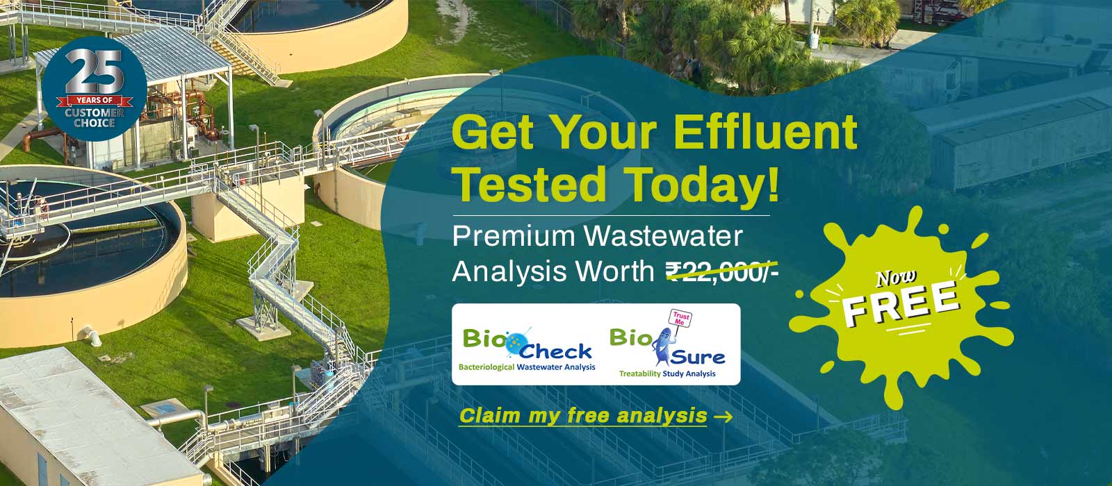 Promotional banner offering free effluent testing with premium wastewater analysis worth ₹22,000, featuring BioCheck and BioSure logos and a call-to-action to claim free analysis.