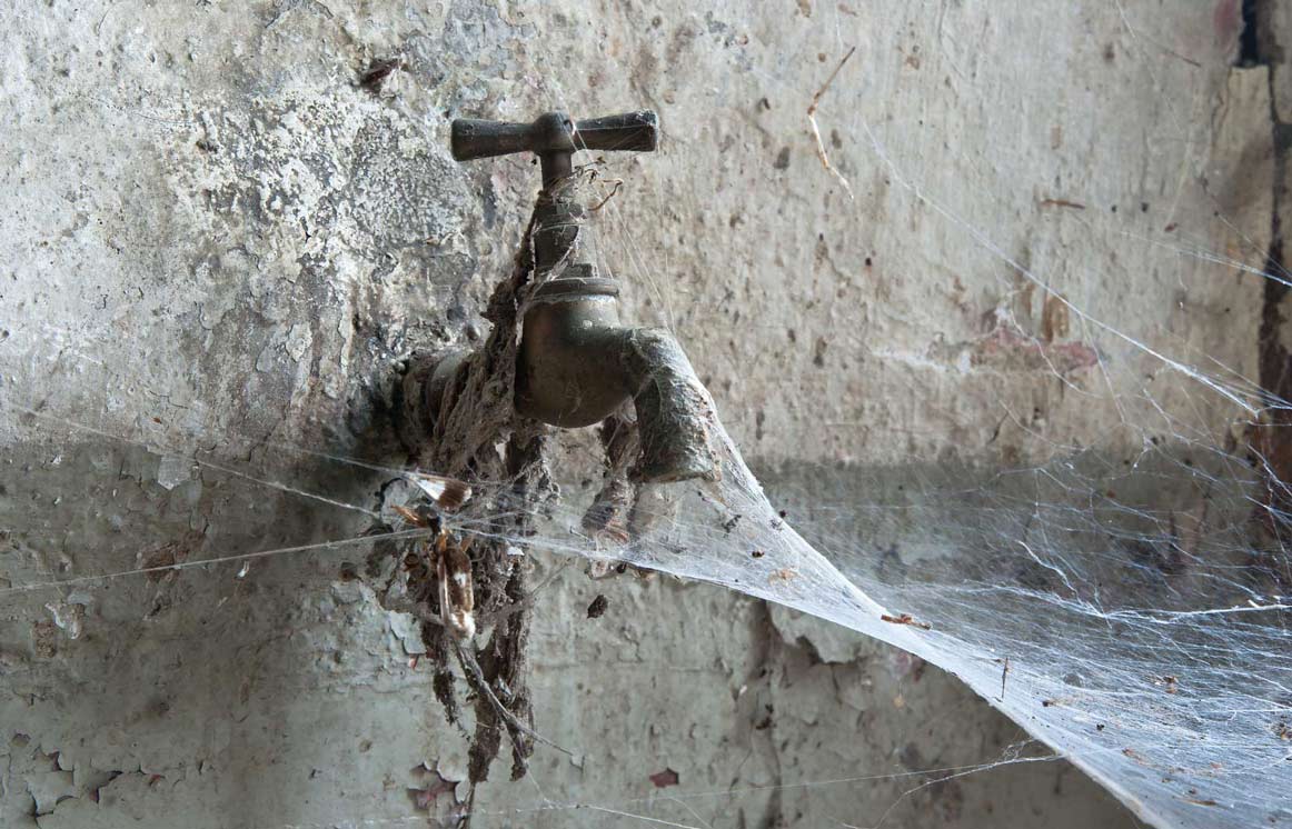 How Crucial Is It To Conserve Water In Our Daily Lives And Activities? 1 Old rusty tap covered in cobwebs on a damaged wall, symbolizing neglect and the importance of water conservation.